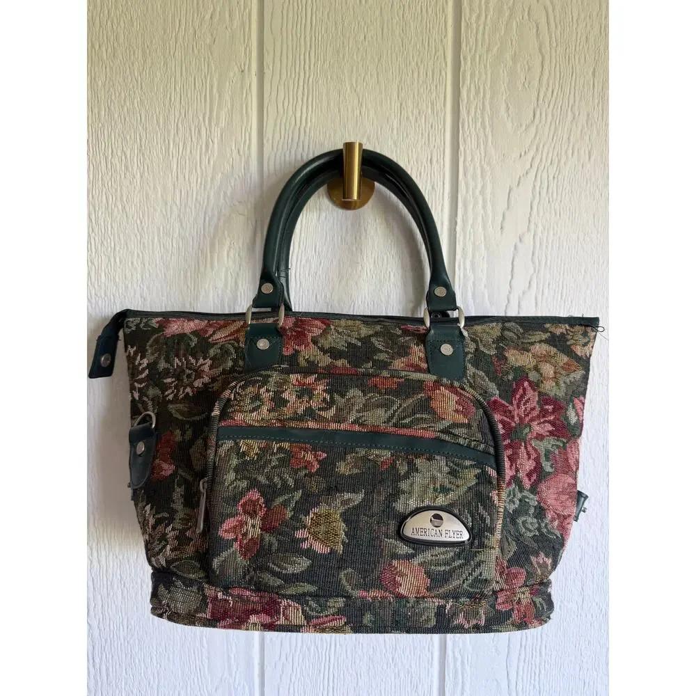 Vintage American Flyer Floral Tapestry Carpet Bag Weekender Duffel Travel Bag